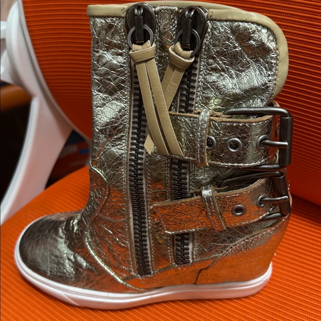 Gold Wedge Sneakers With Buckles. New